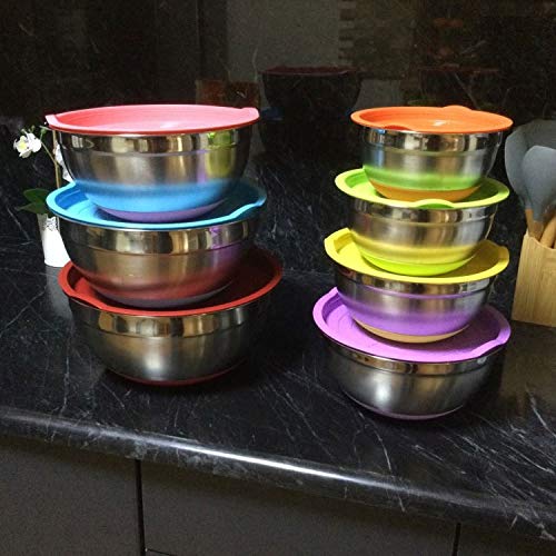Rsmmpqa 7-Color Bowls: stainless steel set with lids, non-slip bottoms, colorful design for food prep and storage.