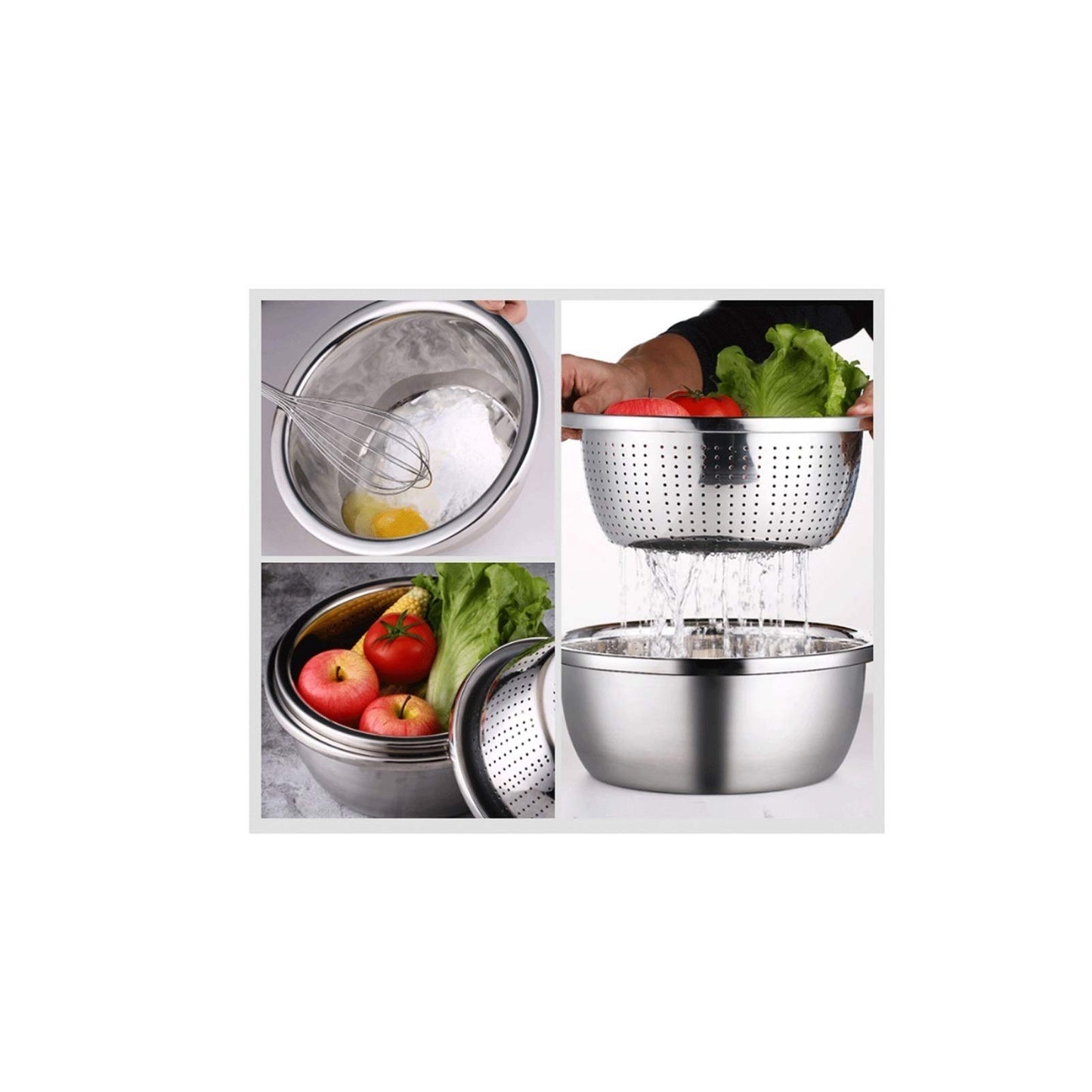 6-Piece Strainer Set: stainless steel bowls with colander, ideal for washing, draining, and food preparation.