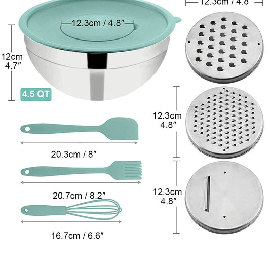 4.5QT Bowl with Grater: stainless steel bowl with lid and grater attachments, great for cooking, baking, and storage.