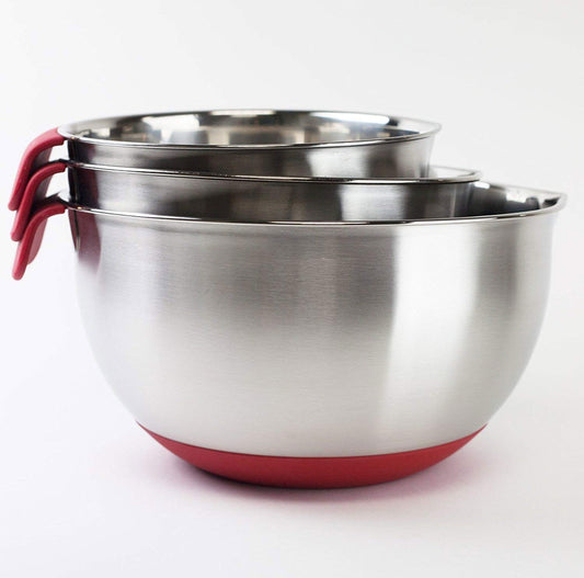 U5GAAALPPQ9 Bowl Set: stainless steel bowls with lids, non-slip base, handles, ideal for mixing and baking.