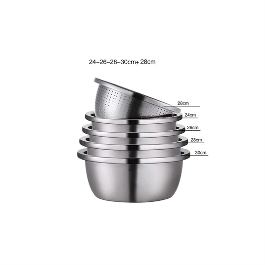 6-Piece Strainer Set: stainless steel bowls with colander, ideal for washing, draining, and food preparation.