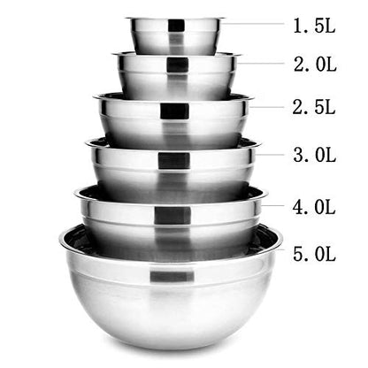 6Pcs Stainless Steel Bowls Set 1.5-5L Capacity Nesting Mixing Bowl Kitchen Cooking Salad Bowl Food Storage Container