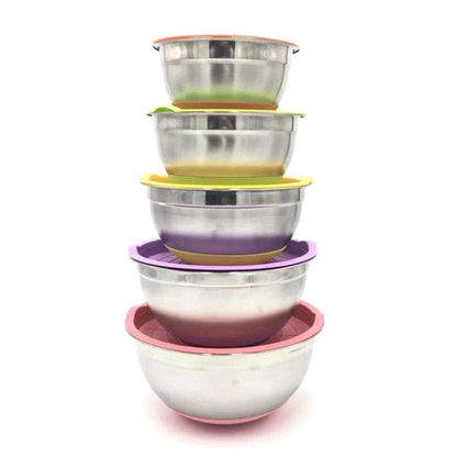 Rsmmpqa 7-Color Bowls: stainless steel set with lids, non-slip bottoms, colorful design for food prep and storage.