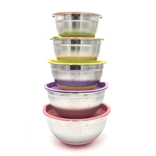 Rsmmpqa 7-Color Bowls: stainless steel set with lids, non-slip bottoms, colorful design for food prep and storage.