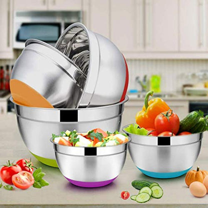 5 Pieces Stainless Steel Mixing Bowls Diameter Metal Nesting Bowls with Colorful Airtight Lids Non-Slip Bottoms