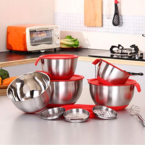 U5GAAALPPQ9 Bowl Set: stainless steel bowls with lids, non-slip base, handles, ideal for mixing and baking.