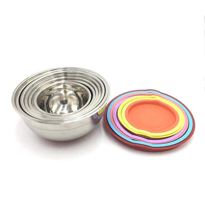 Rsmmpqa 7-Color Bowls: stainless steel set with lids, non-slip bottoms, colorful design for food prep and storage.
