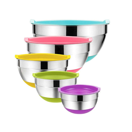 5 Pieces Stainless Steel Mixing Bowls Diameter Metal Nesting Bowls with Colorful Airtight Lids Non-Slip Bottoms
