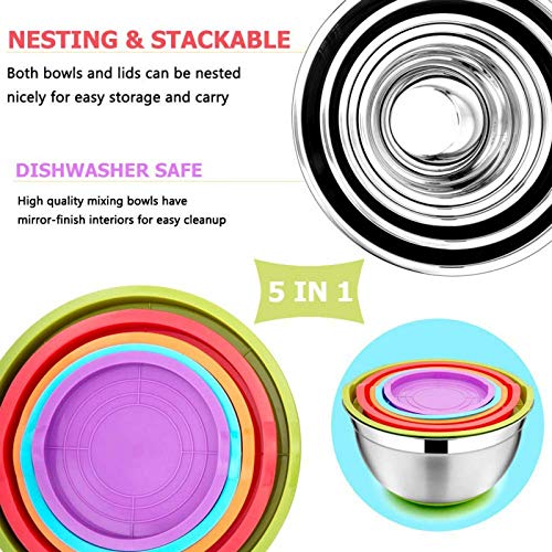 5 Pieces Stainless Steel Mixing Bowls Diameter Metal Nesting Bowls with Colorful Airtight Lids Non-Slip Bottoms