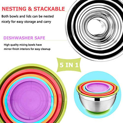 5 Pieces Stainless Steel Mixing Bowls Diameter Metal Nesting Bowls with Colorful Airtight Lids Non-Slip Bottoms