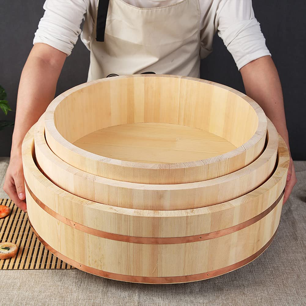 Wooden Hangiri 66cm: traditional sushi rice mixing tub, wooden with copper hoop, ideal for Japanese cuisine.