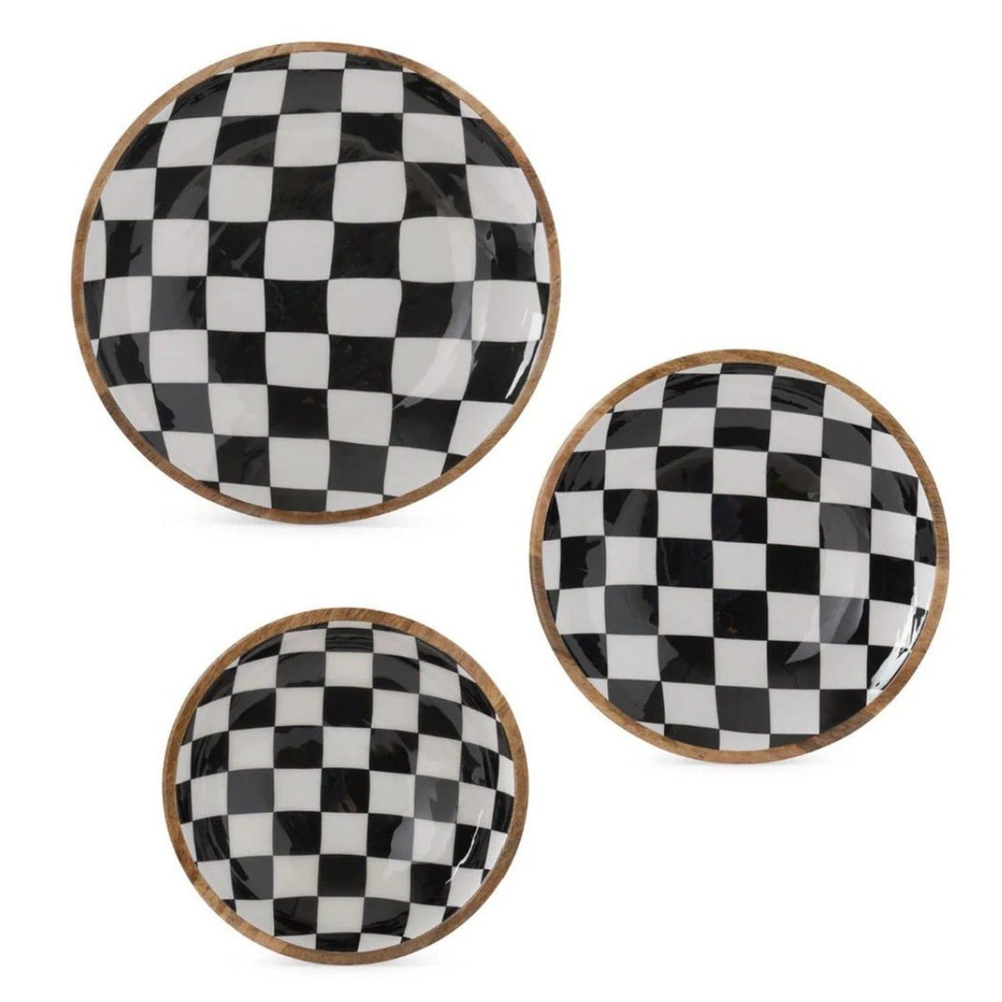 Michelle’s Nesting Bowls: decorative wood bowls set, stylish black and white design, ideal for serving and display.