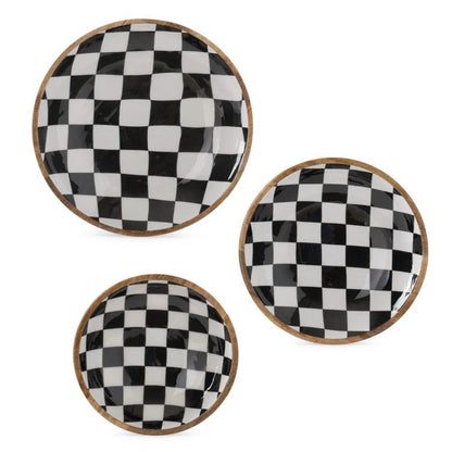 Michelle’s Nesting Bowls: decorative wood bowls set, stylish black and white design, ideal for serving and display.