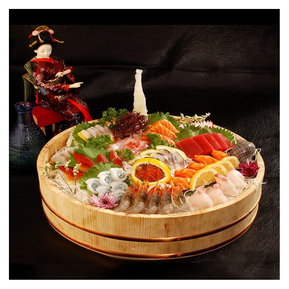Wooden Hangiri 66cm: traditional sushi rice mixing tub, wooden with copper hoop, ideal for Japanese cuisine.