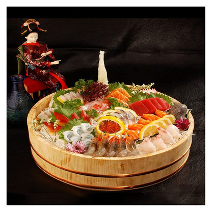 Wooden Hangiri 66cm: traditional sushi rice mixing tub, wooden with copper hoop, ideal for Japanese cuisine.