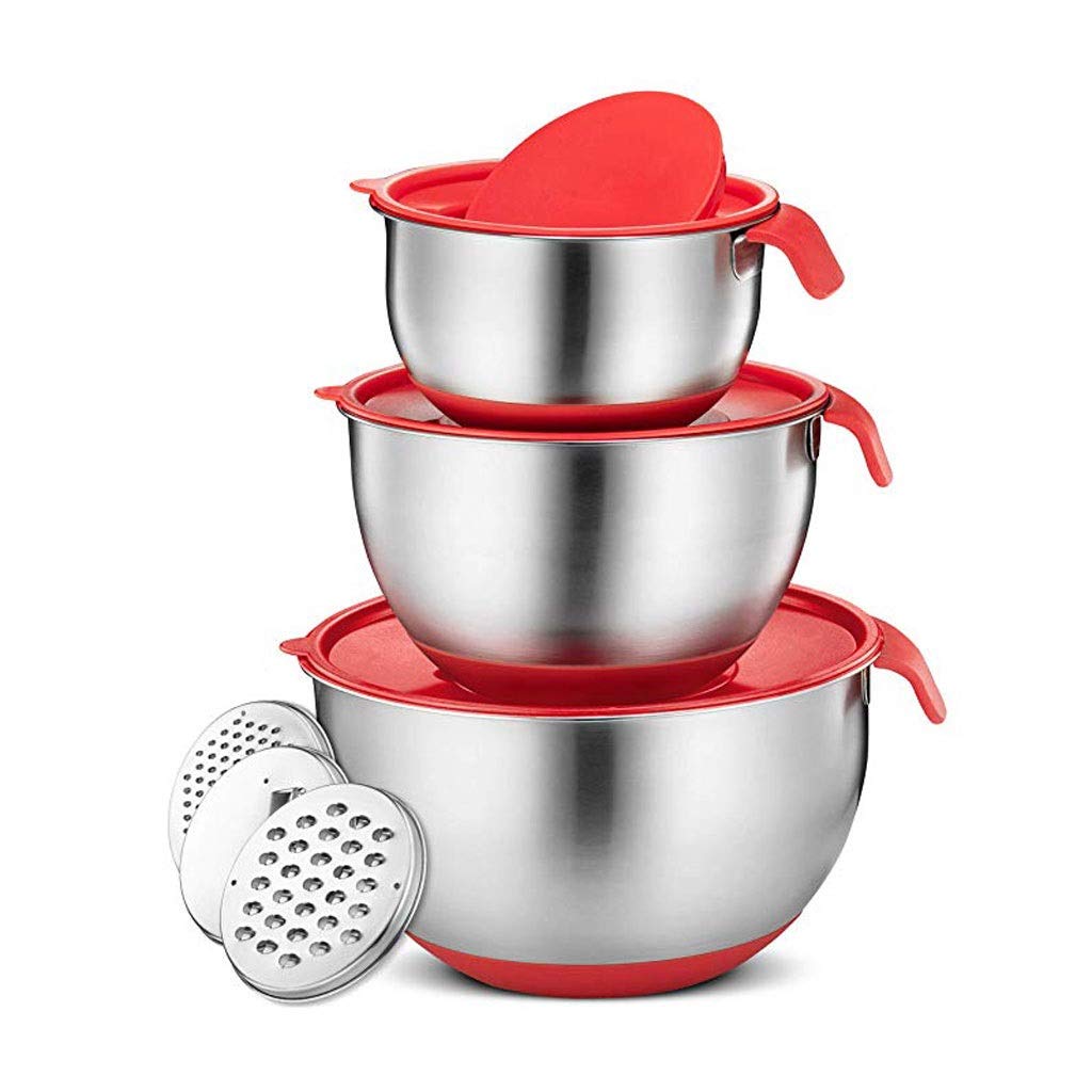 U5GAAALPPQ9 Bowl Set: stainless steel bowls with lids, non-slip base, handles, ideal for mixing and baking.
