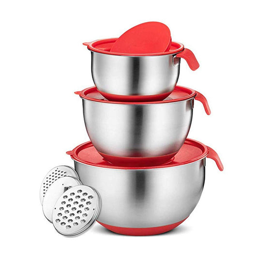 U5GAAALPPQ9 Bowl Set: stainless steel bowls with lids, non-slip base, handles, ideal for mixing and baking.
