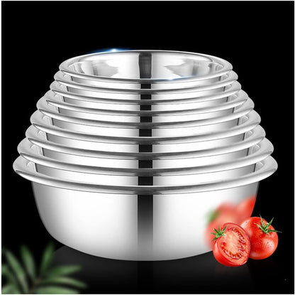 DJFKDYHPE 9-Piece Set: stainless steel bowls and trays, stackable design, suitable for cooking, baking, and serving.