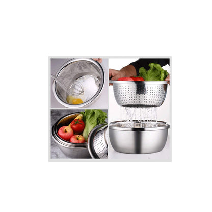 6-Piece Strainer Set: stainless steel bowls with colander, ideal for washing, draining, and food preparation.