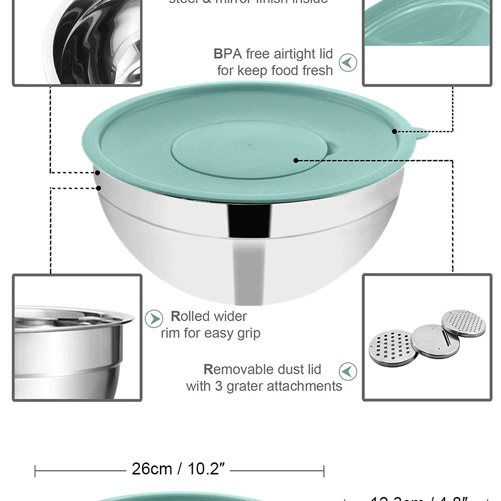 4.5QT Bowl with Grater: stainless steel bowl with lid and grater attachments, great for cooking, baking, and storage.