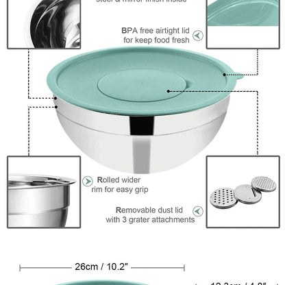 4.5QT Bowl with Grater: stainless steel bowl with lid and grater attachments, great for cooking, baking, and storage.