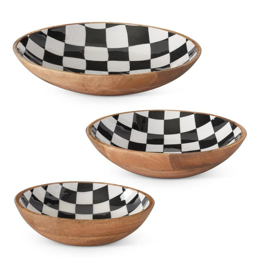 Michelle’s Nesting Bowls: decorative wood bowls set, stylish black and white design, ideal for serving and display.