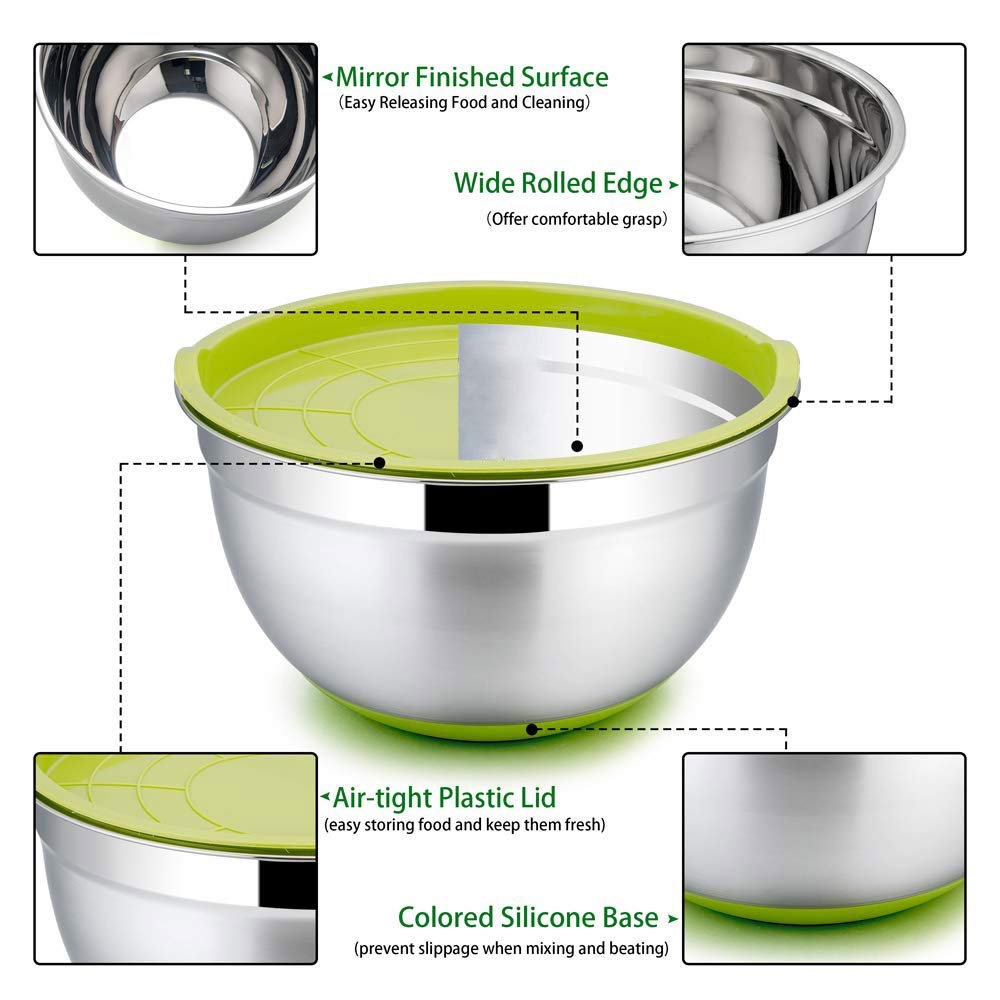Rsmmpqa 7-Color Bowls: stainless steel set with lids, non-slip bottoms, colorful design for food prep and storage.