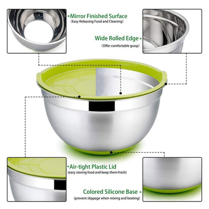 Rsmmpqa 7-Color Bowls: stainless steel set with lids, non-slip bottoms, colorful design for food prep and storage.