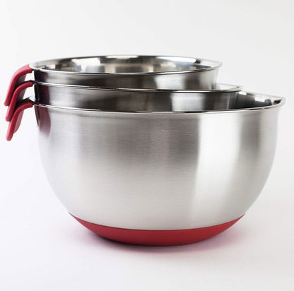 U5GAAALPPQ9 Bowl Set: stainless steel bowls with lids, non-slip base, handles, ideal for mixing and baking.