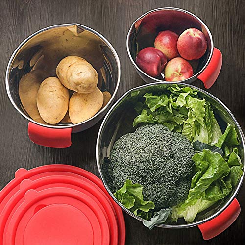 U5GAAALPPQ9 Bowl Set: stainless steel bowls with lids, non-slip base, handles, ideal for mixing and baking.