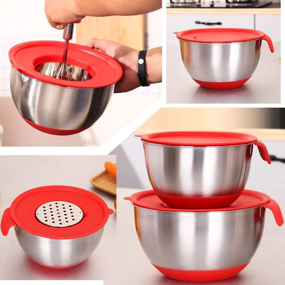 U5GAAALPPQ9 Bowl Set: stainless steel bowls with lids, non-slip base, handles, ideal for mixing and baking.