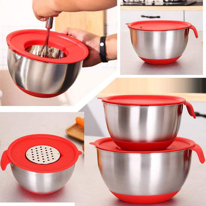 U5GAAALPPQ9 Bowl Set: stainless steel bowls with lids, non-slip base, handles, ideal for mixing and baking.