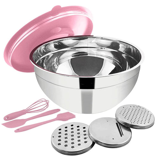 4.5QT Bowl with Grater: stainless steel bowl with lid and grater attachments, great for cooking, baking, and storage.