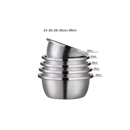 6-Piece Strainer Set: stainless steel bowls with colander, ideal for washing, draining, and food preparation.