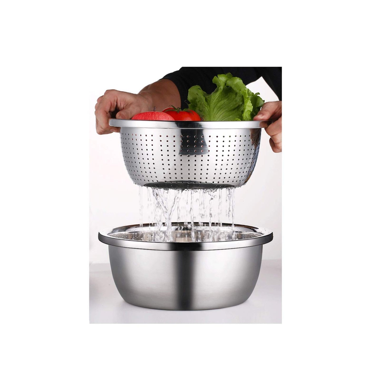 6-Piece Strainer Set: stainless steel bowls with colander, ideal for washing, draining, and food preparation.