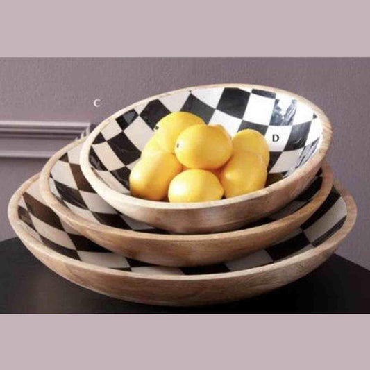 Michelle’s Nesting Bowls: decorative wood bowls set, stylish black and white design, ideal for serving and display.