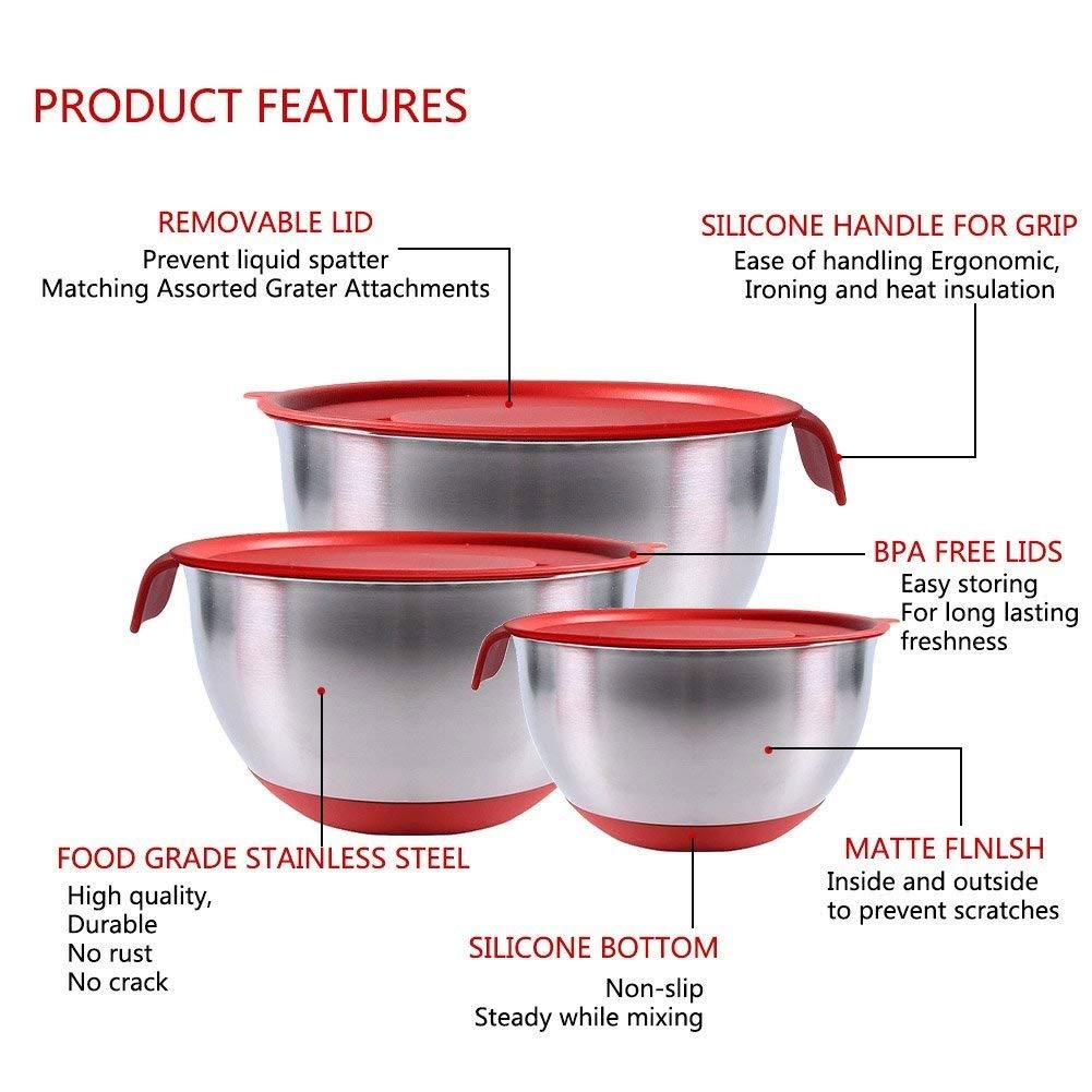 U5GAAALPPQ9 Bowl Set: stainless steel bowls with lids, non-slip base, handles, ideal for mixing and baking.