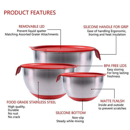 U5GAAALPPQ9 Bowl Set: stainless steel bowls with lids, non-slip base, handles, ideal for mixing and baking.