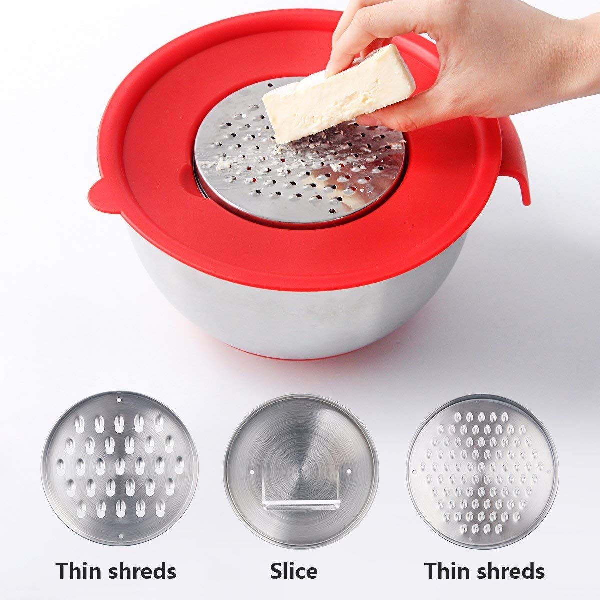 U5GAAALPPQ9 Bowl Set: stainless steel bowls with lids, non-slip base, handles, ideal for mixing and baking.