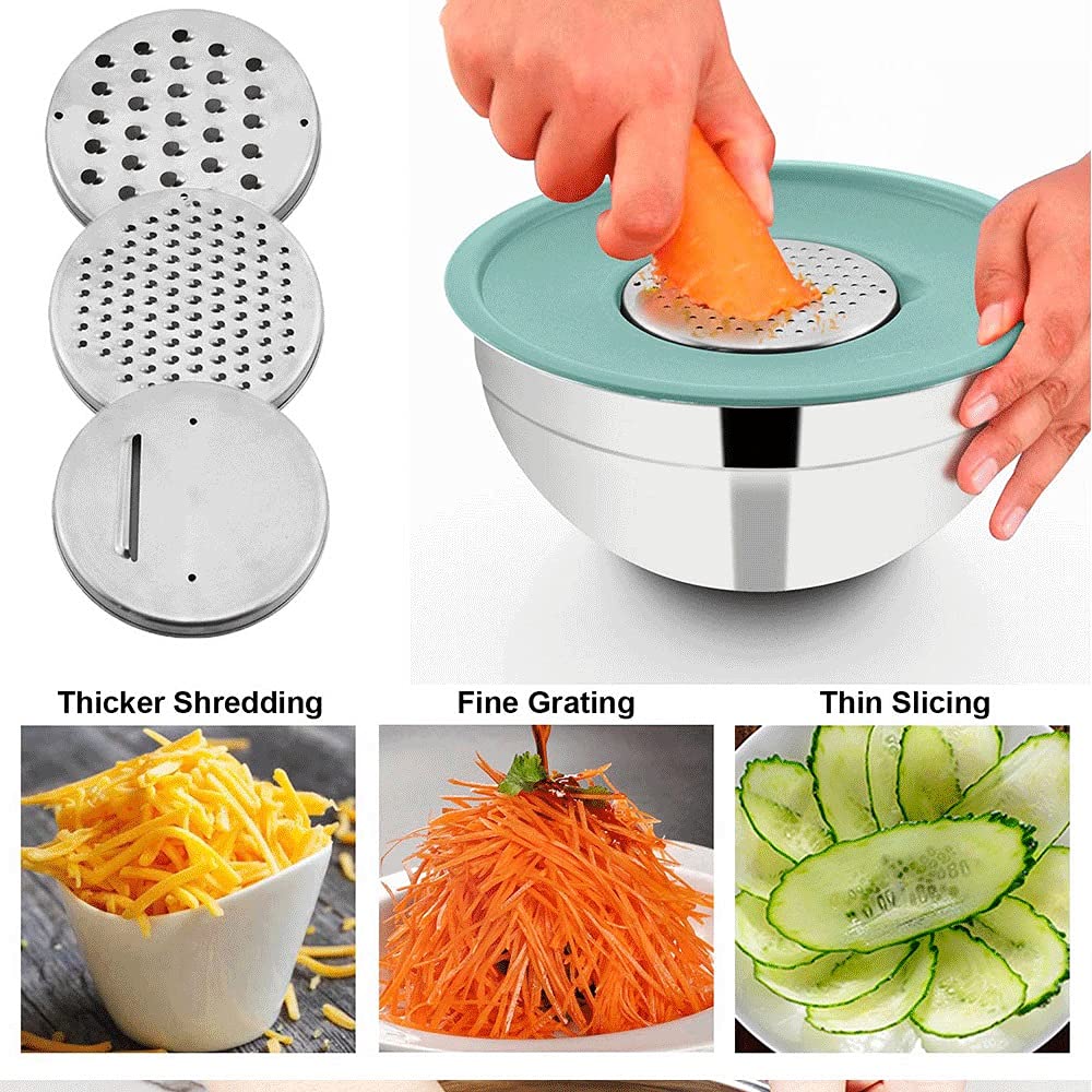4.5QT Bowl with Grater: stainless steel bowl with lid and grater attachments, great for cooking, baking, and storage.