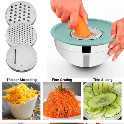 4.5QT Bowl with Grater: stainless steel bowl with lid and grater attachments, great for cooking, baking, and storage.