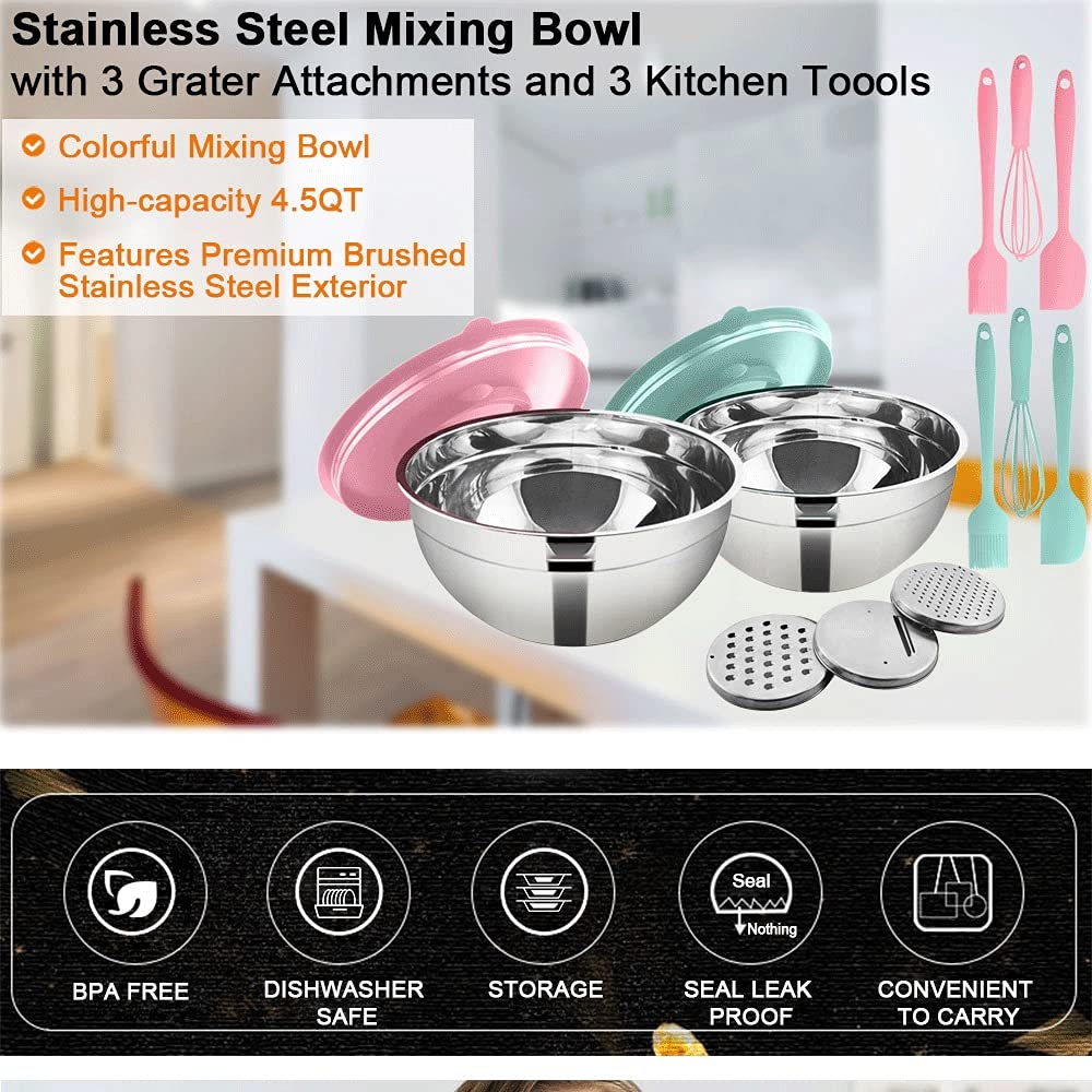 4.5QT Bowl with Grater: stainless steel bowl with lid and grater attachments, great for cooking, baking, and storage.