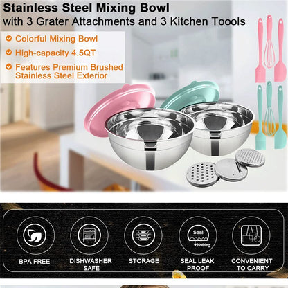 4.5QT Bowl with Grater: stainless steel bowl with lid and grater attachments, great for cooking, baking, and storage.