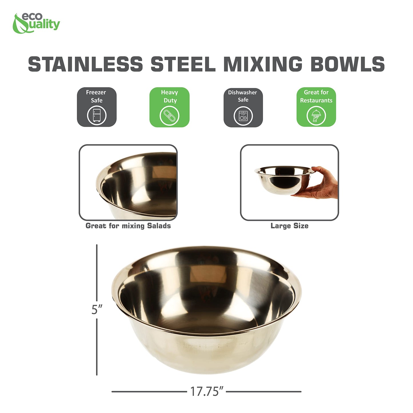 EcoQuality 16QT Bowl: large stainless steel mixing bowl, durable, perfect for baking and kitchen preparation.