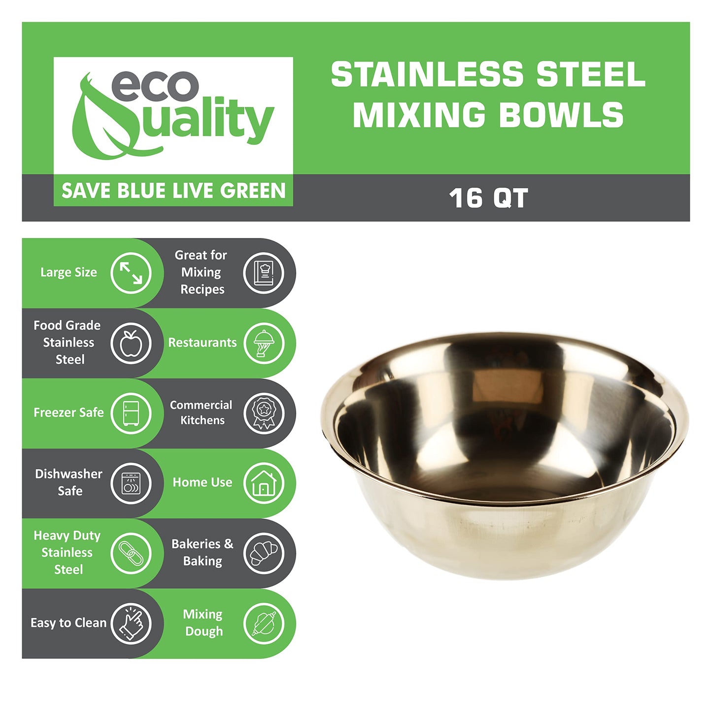 EcoQuality 16QT Bowl: large stainless steel mixing bowl, durable, perfect for baking and kitchen preparation.