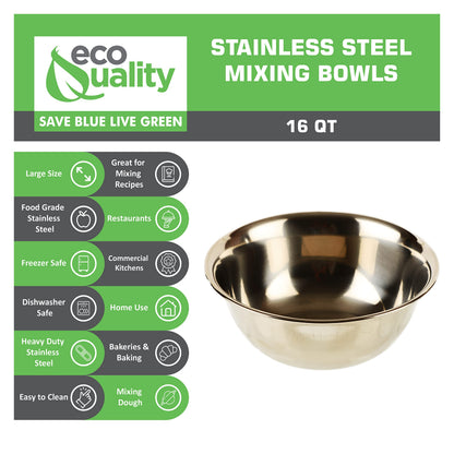 EcoQuality 16QT Bowl: large stainless steel mixing bowl, durable, perfect for baking and kitchen preparation.